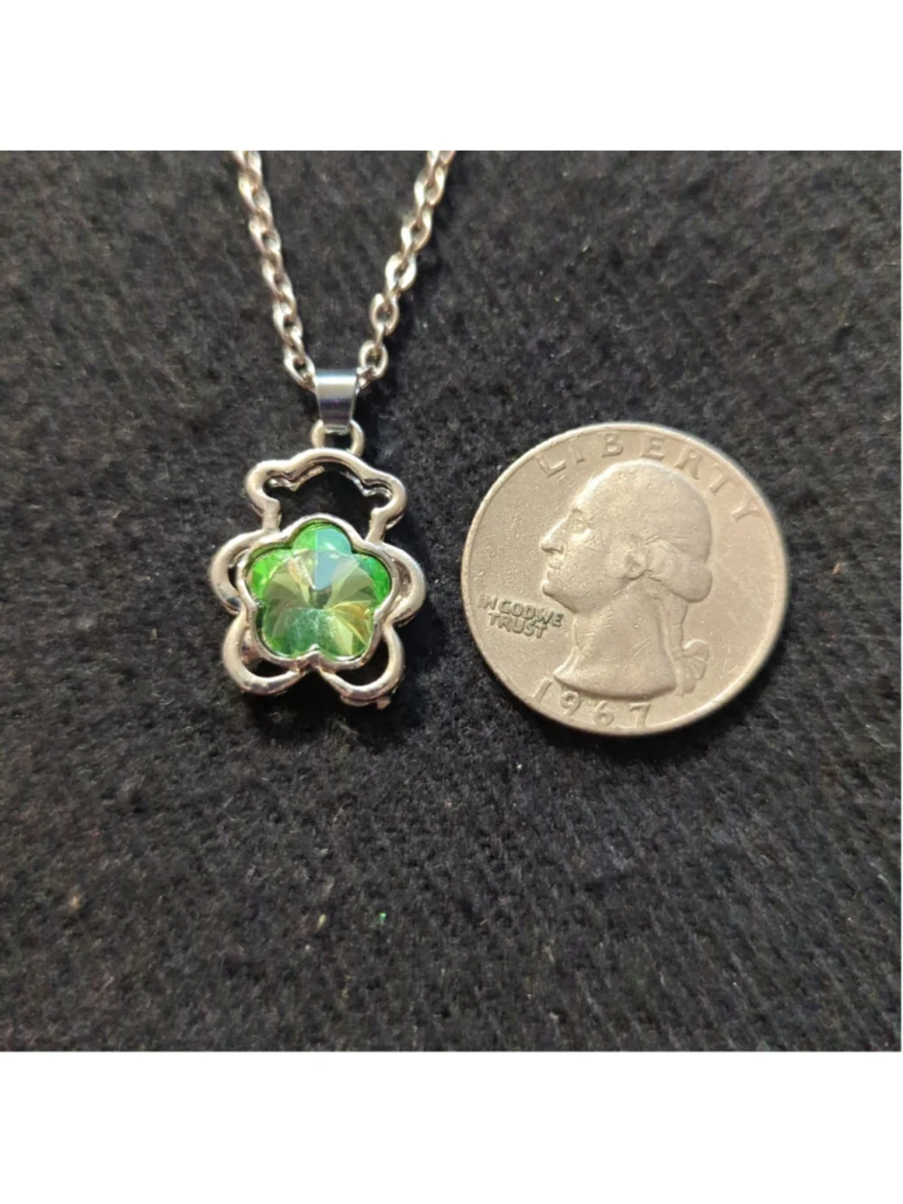Silver Tone Green Crystal Bear Dainty Delicate Pendant Statement Necklace